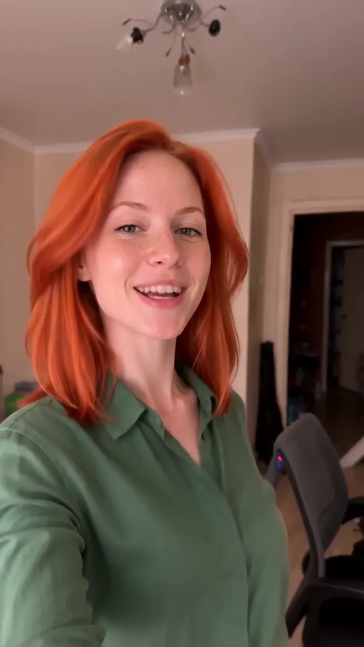Copper-red bob, green shirt · living room · 10 s · with sound