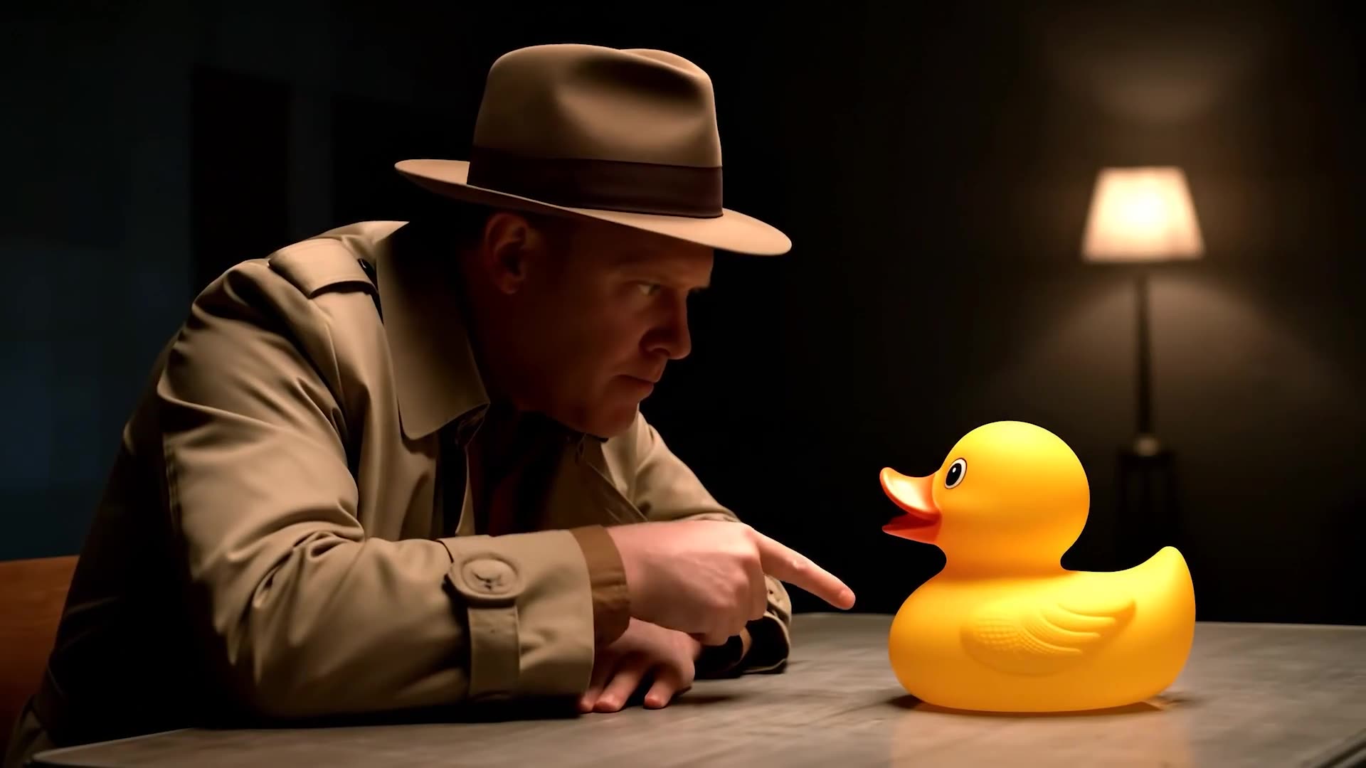 A detective interrogates a nervous rubber duck in a tightly staged dialogue scene