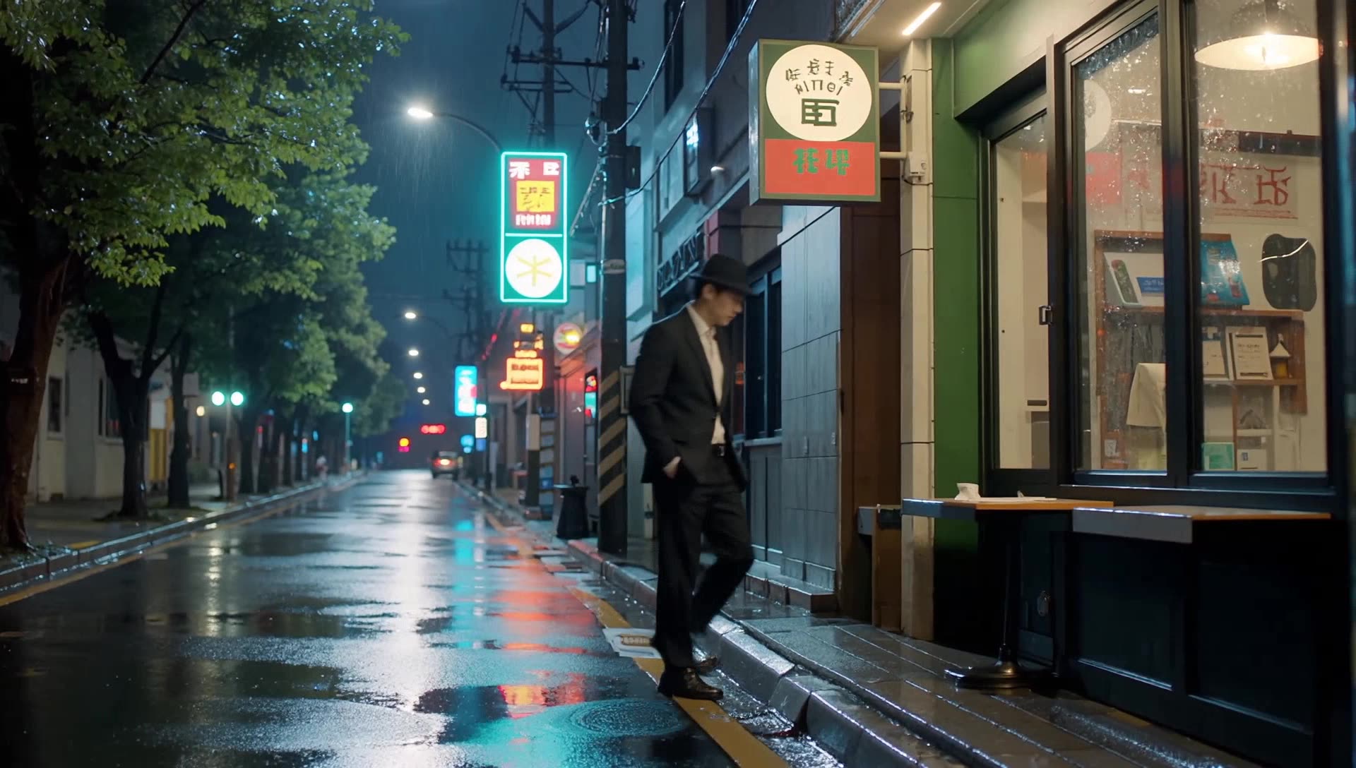 A rainy street, a document close-up and a distant figure form a compact three-shot night story